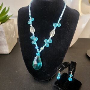 Aqua Blue and Clear Glass Necklace and Earrings Set Handmade